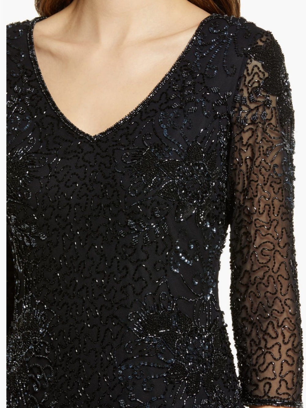 Pisarro Nights Black Beaded V-Neck Long Sleeve Evening Gown